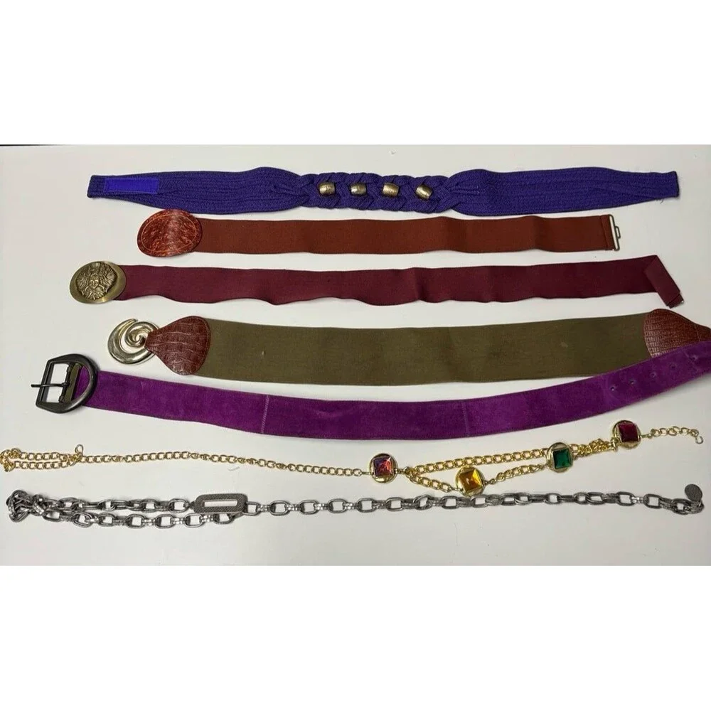 Vintage 80s 70s Women’s Belts Lot Of 7 Elastic Stretch Chain Jewel Medallions